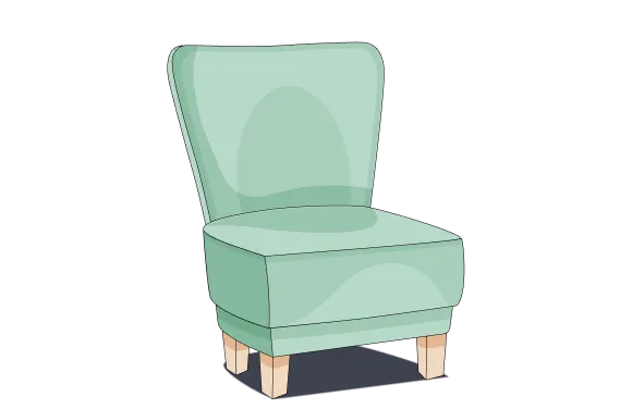 A light green chair with wooden legs.